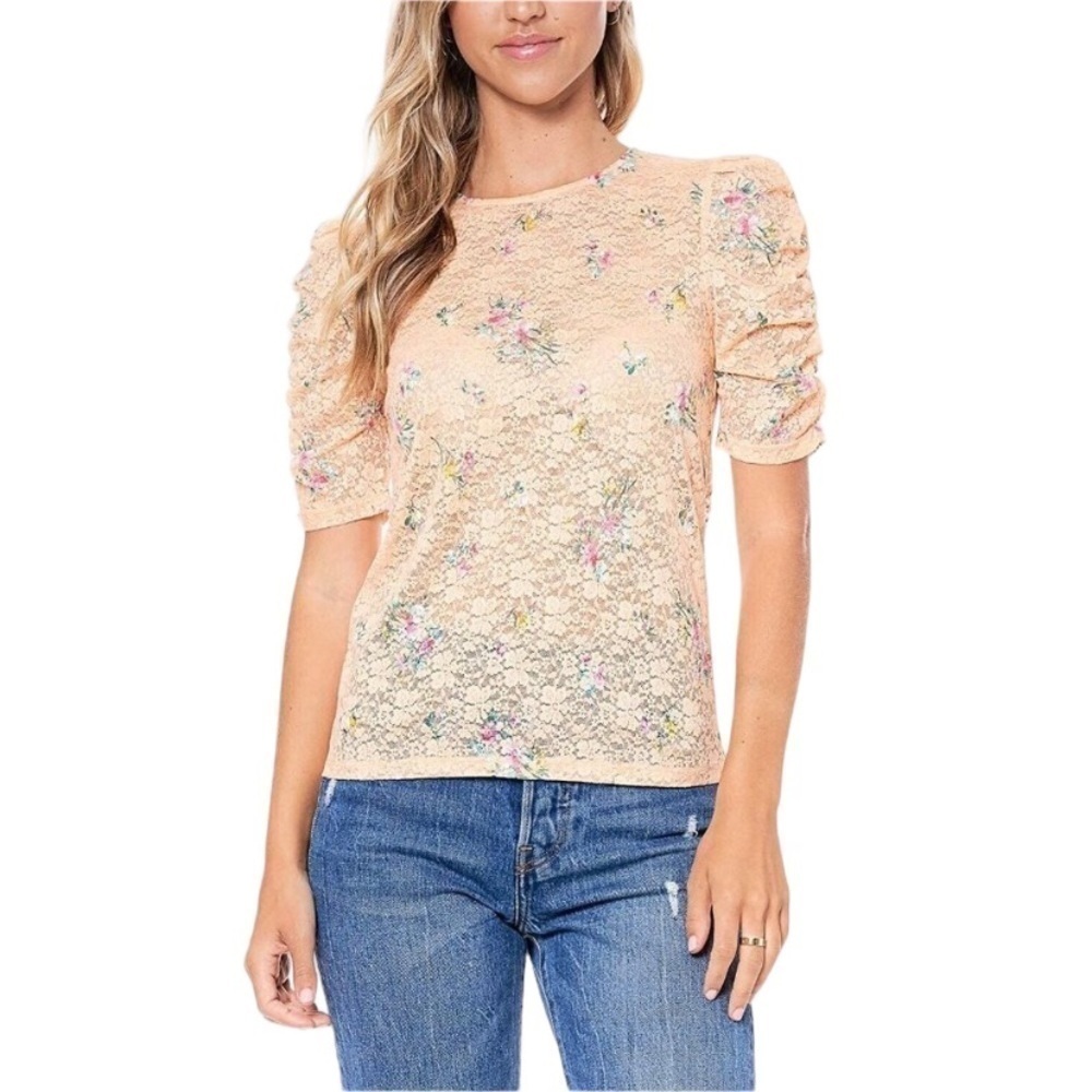 Elodie Light Orange Sheer Lace Floral Ruched Half Sleeve Blouse Top Size S